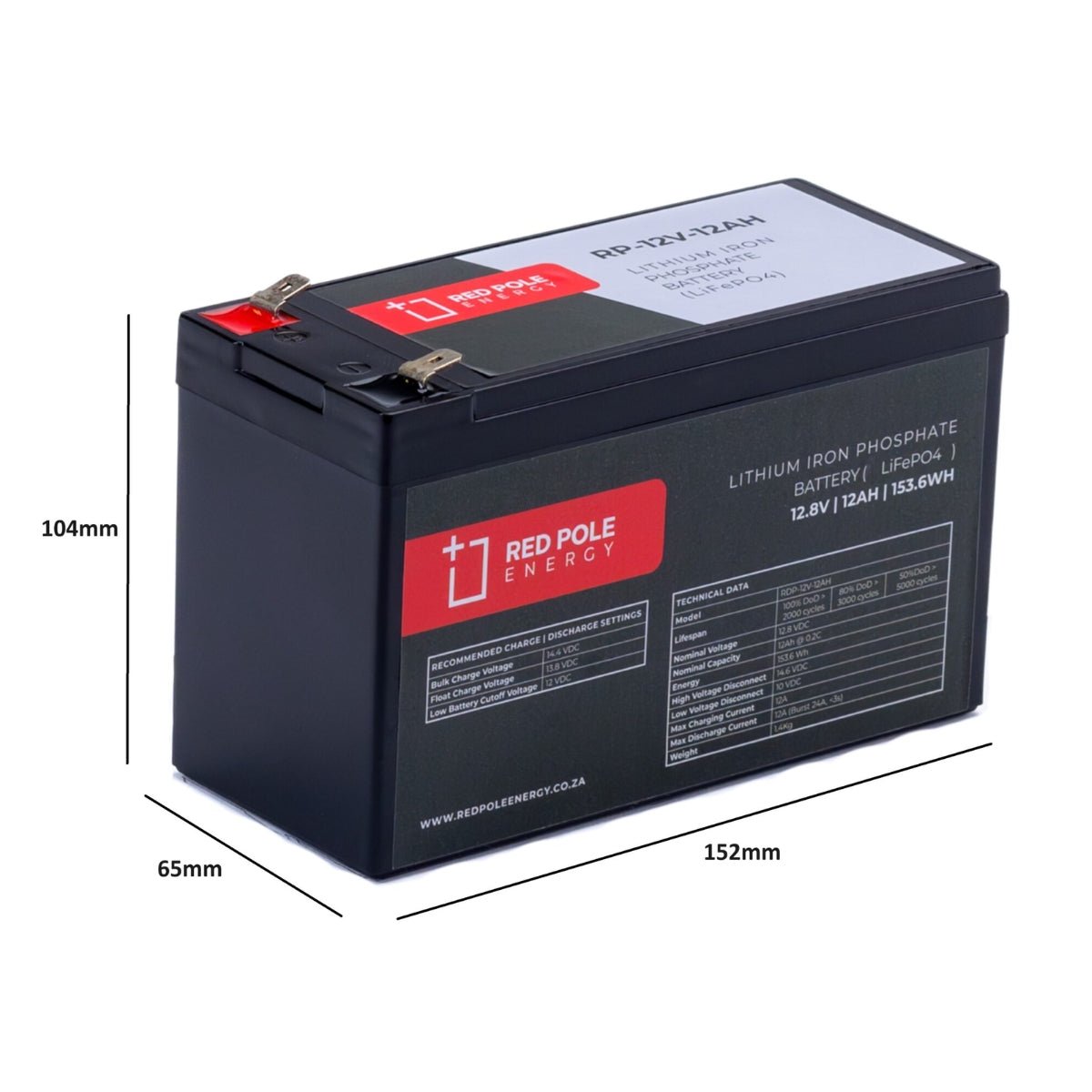 Red Pole Energy 12V 12Ah 153Wh Gate motor LiFePO4 Battery - Image 3