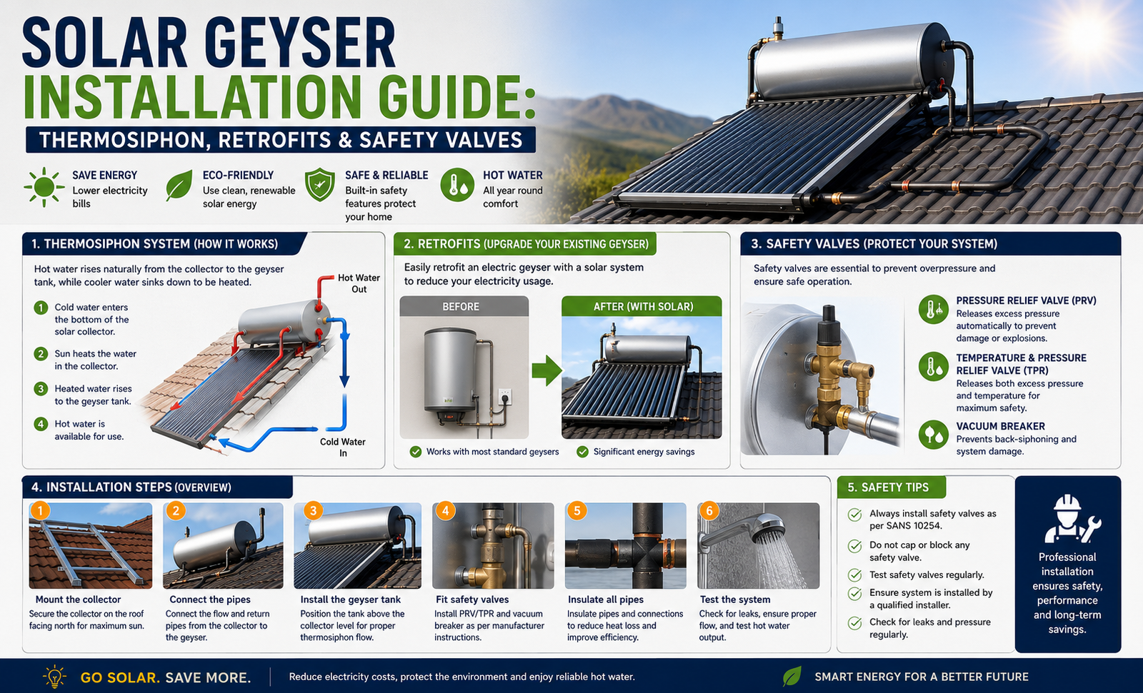 Solar Geyser Installation Guide: Thermosiphon, Retrofits & Safety Valves